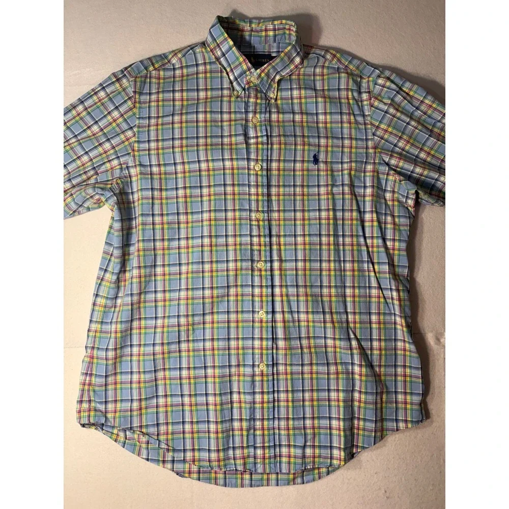 Ralph Lauren Mens Large Pastel Plaid Button Down Shirt Blue Yellow Pink Check L
